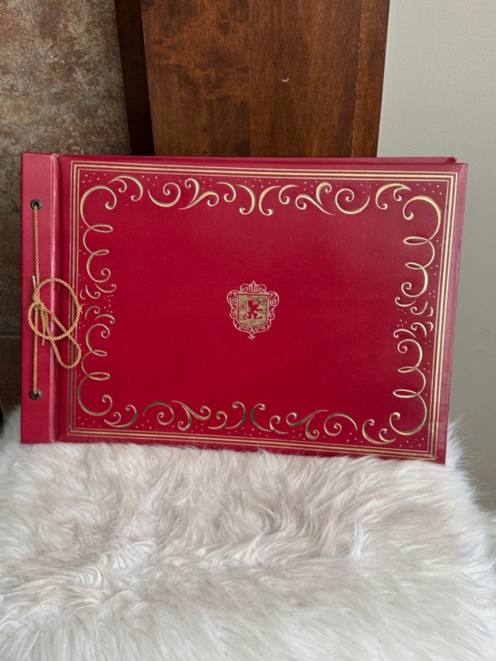 Vintage red scrapbook gold embossed scrollwork royal crest regal unused 15x10”